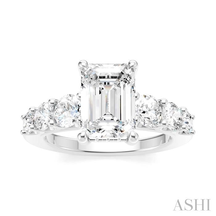 1 1/10 Ctw Emerald Shape Round Cut Diamond Semi-Mount Engagement Ring in 14K White Gold