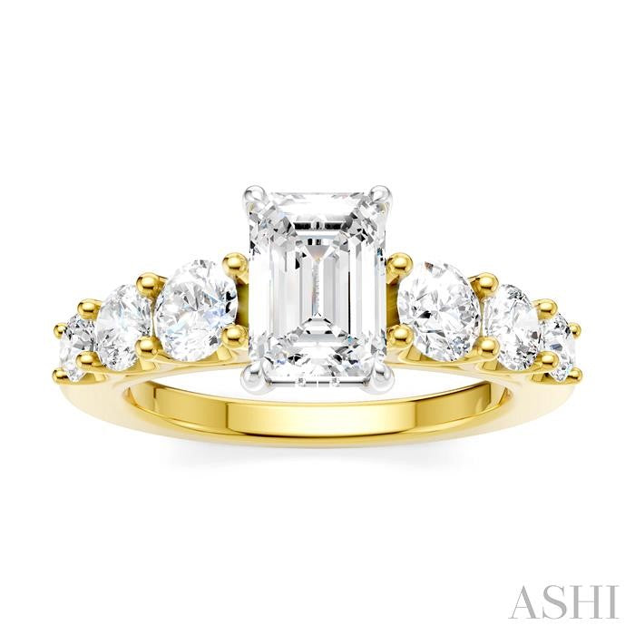 1 1/10 Ctw Emerald Shape Round Cut Diamond Semi-Mount Engagement Ring in 14K Yellow and White Gold