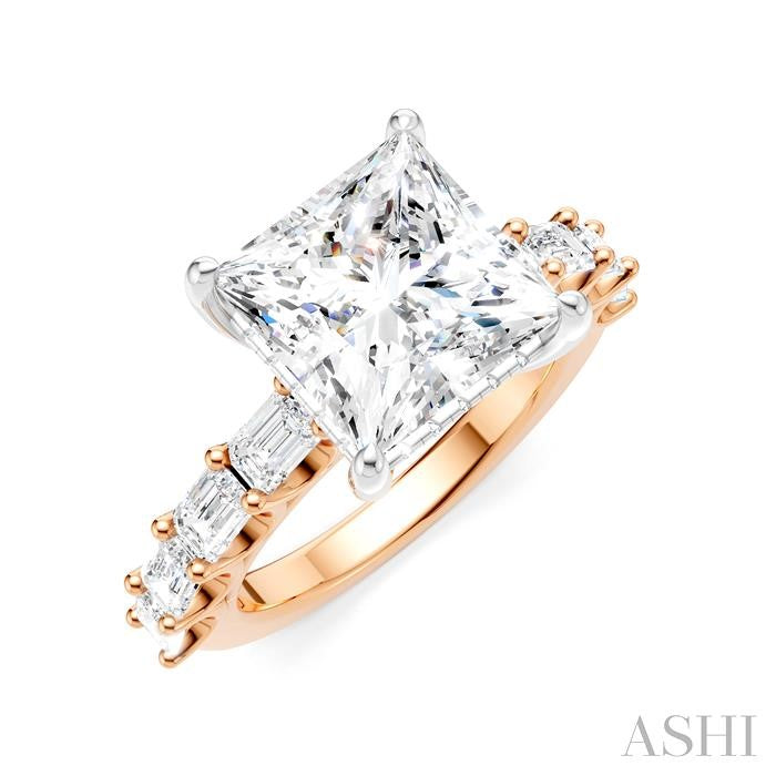 1 1/3 Ctw Princess Shape Emerald and Round Cut Diamond Semi-Mount Engagement Ring in 14K Rose and White Gold