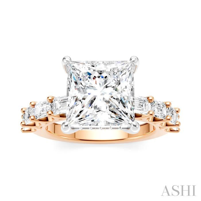 1 1/3 Ctw Princess Shape Emerald and Round Cut Diamond Semi-Mount Engagement Ring in 14K Rose and White Gold