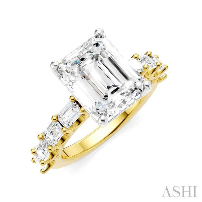 1 3/8 Ctw Emerald Shape Emerald and Round Cut Diamond Semi-Mount Engagement Ring in 14K Yellow and White Gold