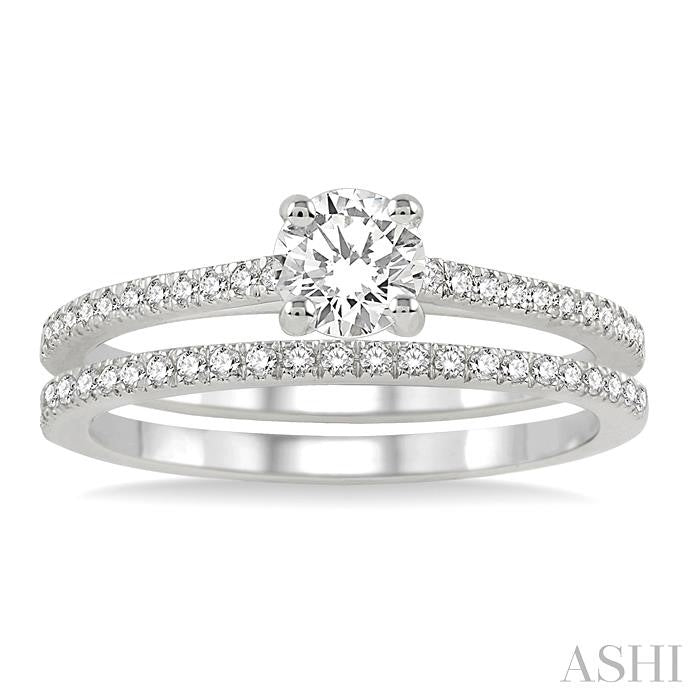 5/8 Ctw Diamond Wedding Set with 1/2 Ctw Round Cut Engagement Ring and 1/10 Ctw Wedding Band in 14K White Gold