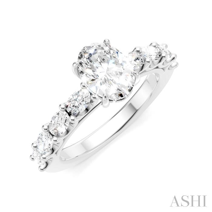 7/8 Ctw Oval Shape Oval and Round Cut Diamond Semi-Mount Engagement Ring in 14K White Gold