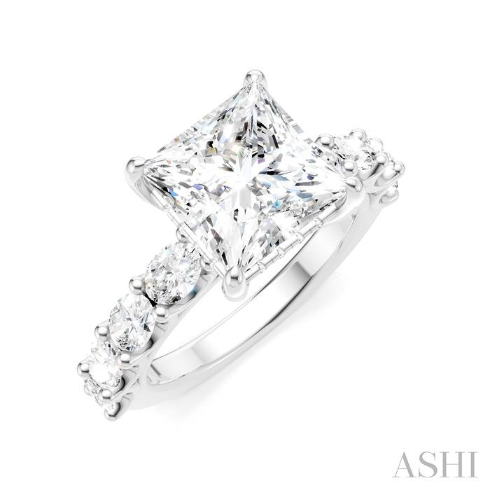 1 1/3 Ctw Princess Shape Oval and Round Cut Diamond Semi-Mount Engagement Ring in 14K White Gold