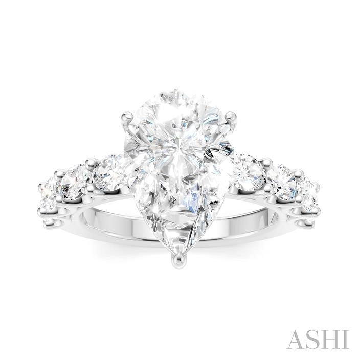 1 1/3 Ctw Pear Shape Oval and Round Cut Diamond Semi-Mount Engagement Ring in 14K White Gold