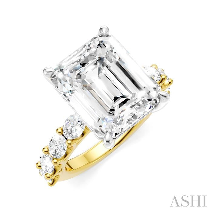 1 1/3 Ctw Emerald Shape Oval and Round Cut Diamond Semi-Mount Engagement Ring in 14K Yellow and White Gold