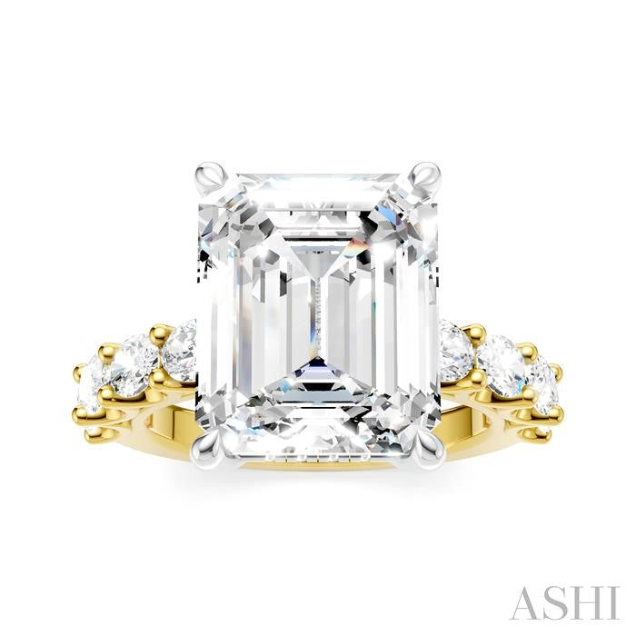1 1/3 Ctw Emerald Shape Oval and Round Cut Diamond Semi-Mount Engagement Ring in 14K Yellow and White Gold