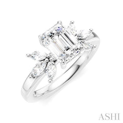 1/2 Ctw Emerald Shape Marquise and Round Cut Diamond Semi-Mount Engagement Ring in 14K White Gold