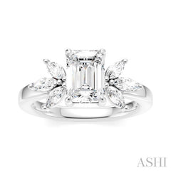 1/2 Ctw Emerald Shape Marquise and Round Cut Diamond Semi-Mount Engagement Ring in 14K White Gold