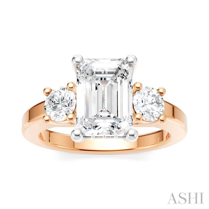 1/2 Ctw Tri-Mount Emerald Shape Center Round Cut Diamond Semi-Mount Engagement Ring in 14K Rose and White Gold