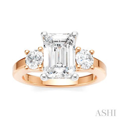 1/2 Ctw Tri-Mount Emerald Shape Center Round Cut Diamond Semi-Mount Engagement Ring in 14K Rose and White Gold