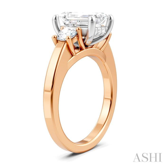1/2 Ctw Tri-Mount Emerald Shape Center Round Cut Diamond Semi-Mount Engagement Ring in 14K Rose and White Gold