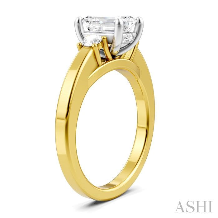 1/4 Ctw Tri-Mount Emerald Shape Center Round Cut Diamond Semi-Mount Engagement Ring in 14K Yellow and White Gold