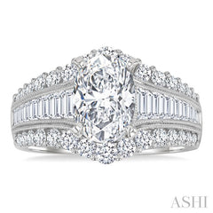 1 1/2 Ctw Baguette and Round Cut Diamond Oval Shape Semi-Mount Engagement Ring in 14K White Gold