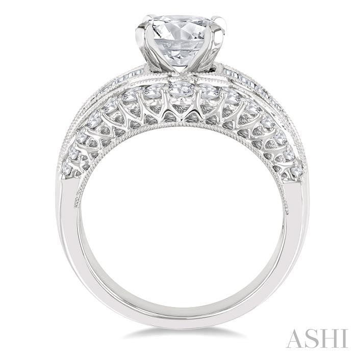 1 1/2 Ctw Baguette and Round Cut Diamond Oval Shape Semi-Mount Engagement Ring in 14K White Gold