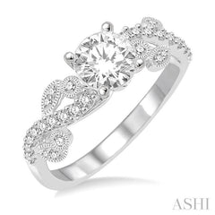 3/4 Ctw Criss Cross Shank Round Cut Diamond Engagement Ring with 1/2 Ct Round Cut Center Stone in 14K White Gold