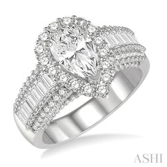 1 3/8 Ctw Wide Shank Pear Shape Baguette and Round Cut Diamond Semi-Mount Engagement Ring in 14K White Gold
