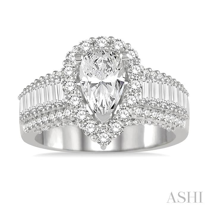 1 3/8 Ctw Wide Shank Pear Shape Baguette and Round Cut Diamond Semi-Mount Engagement Ring in 14K White Gold