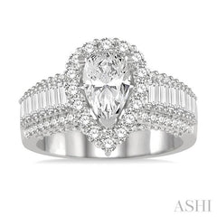 1 3/8 Ctw Wide Shank Pear Shape Baguette and Round Cut Diamond Semi-Mount Engagement Ring in 14K White Gold
