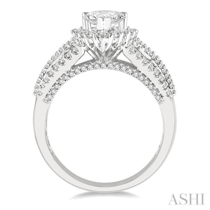 1 3/8 Ctw Wide Shank Pear Shape Baguette and Round Cut Diamond Semi-Mount Engagement Ring in 14K White Gold