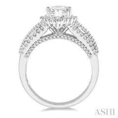 1 3/8 Ctw Wide Shank Pear Shape Baguette and Round Cut Diamond Semi-Mount Engagement Ring in 14K White Gold