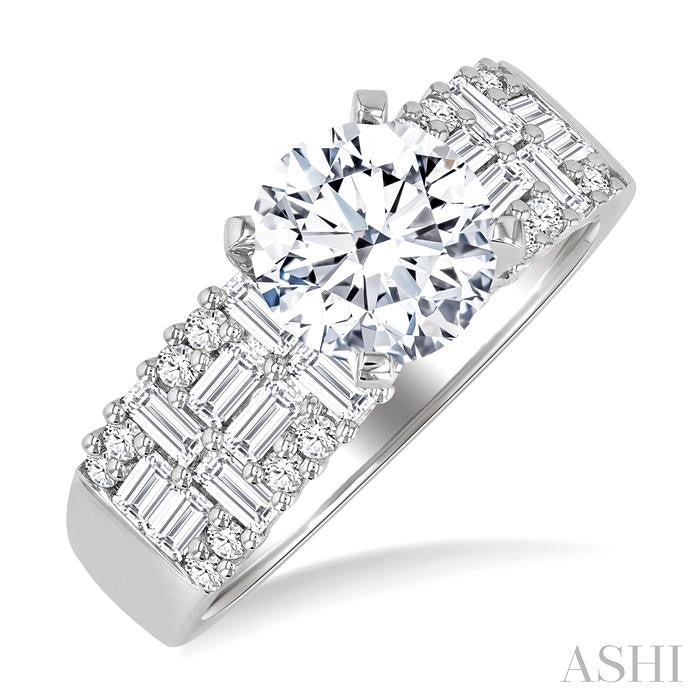 5/8 Ctw Baguette and Round Cut Diamond Wide Shank Round Shape Semi-Mount Engagement Ring in 14K White Gold