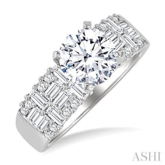 5/8 Ctw Baguette and Round Cut Diamond Wide Shank Round Shape Semi-Mount Engagement Ring in 14K White Gold