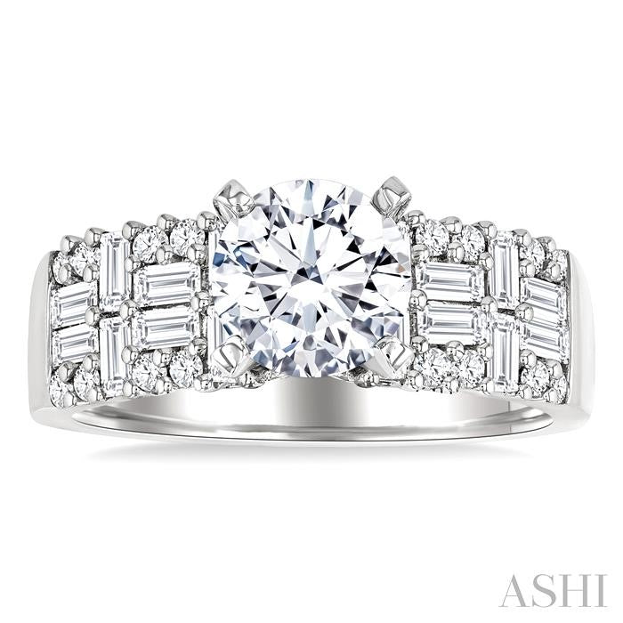 5/8 Ctw Baguette and Round Cut Diamond Wide Shank Round Shape Semi-Mount Engagement Ring in 14K White Gold