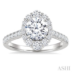3/4 Ctw Scalloped Oval Centerpiece Circular Shape Round Cut Diamond Semi-Mount Engagement Ring in 14K White Gold