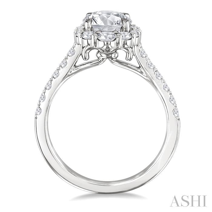 3/4 Ctw Scalloped Oval Centerpiece Circular Shape Round Cut Diamond Semi-Mount Engagement Ring in 14K White Gold