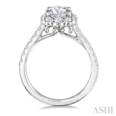 3/4 Ctw Scalloped Oval Centerpiece Circular Shape Round Cut Diamond Semi-Mount Engagement Ring in 14K White Gold