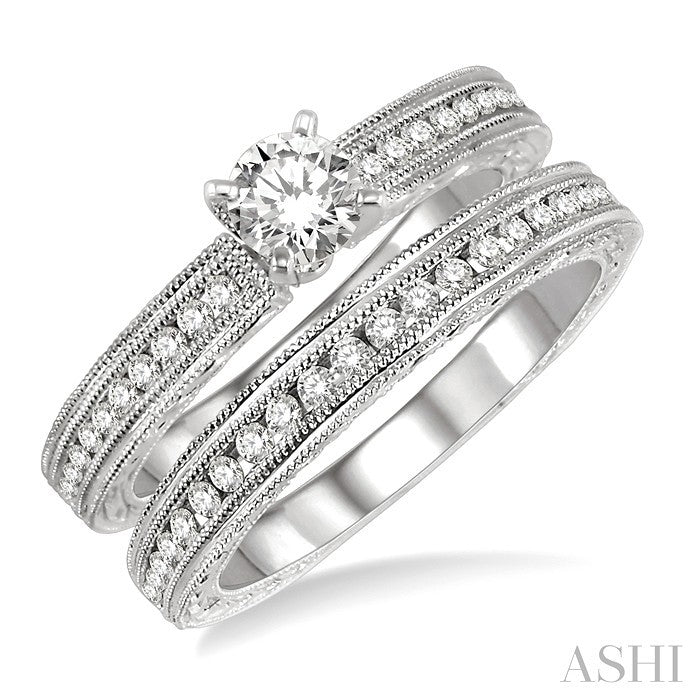 3/4 Ctw Diamond Wedding Set with 1/2 Ctw Round Cut Engagement Ring and 1/4 Ctw Wedding Band in 14K White Gold