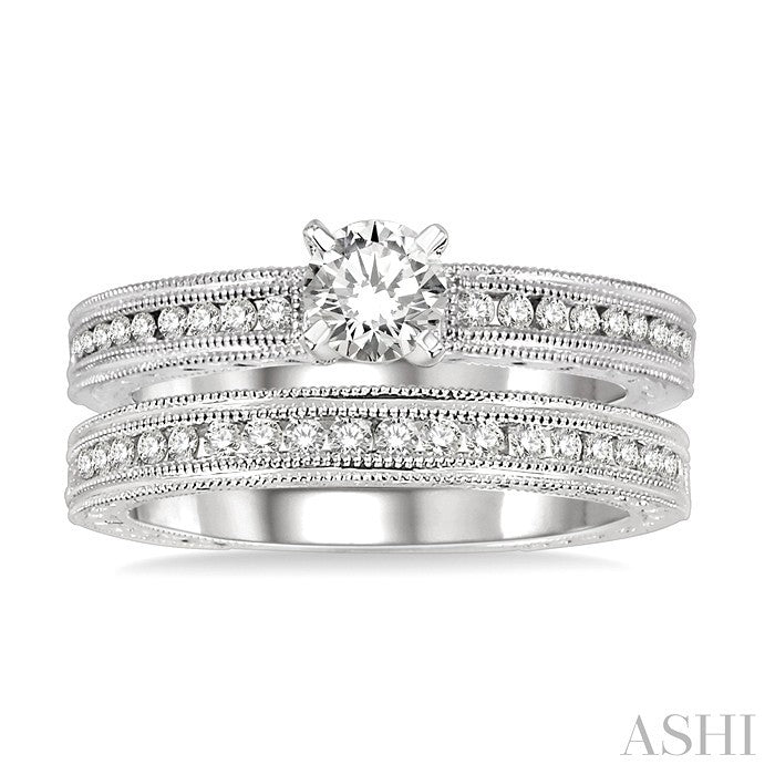 3/4 Ctw Diamond Wedding Set with 1/2 Ctw Round Cut Engagement Ring and 1/4 Ctw Wedding Band in 14K White Gold