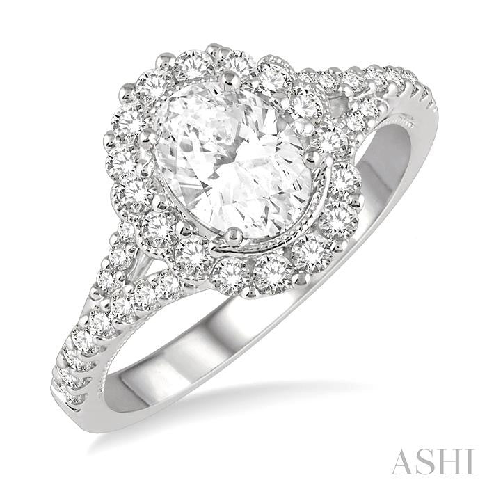 5/8 Ctw Oval Shape Semi-Mount Round Cut Diamond Engagement Ring in 14K White Gold