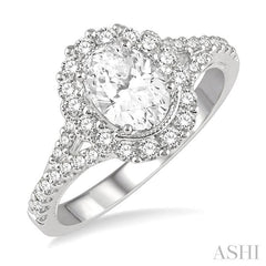 5/8 Ctw Oval Shape Semi-Mount Round Cut Diamond Engagement Ring in 14K White Gold