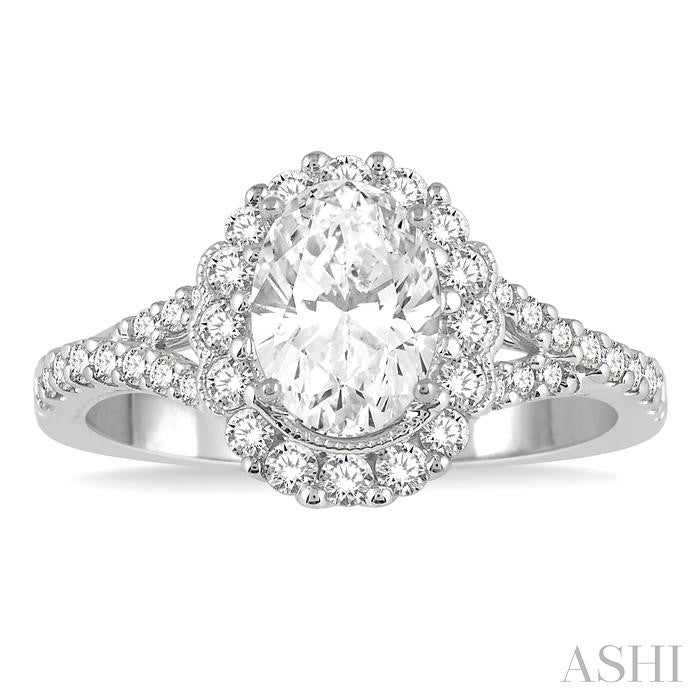 5/8 Ctw Oval Shape Semi-Mount Round Cut Diamond Engagement Ring in 14K White Gold