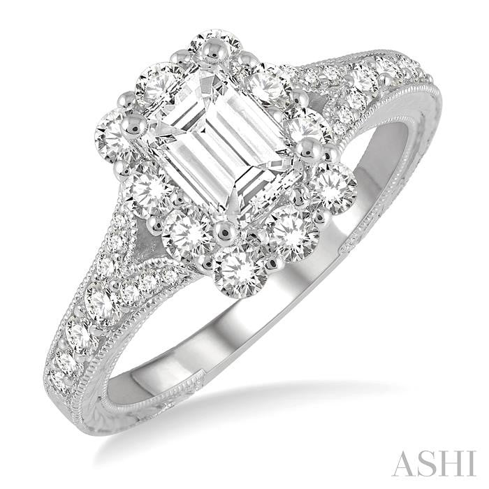 3/4 Ctw Split Shank 6X4MM Emerald Semi-Mount Round Cut Diamond Ring in 14K White Gold