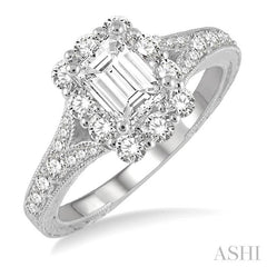 3/4 Ctw Split Shank 6X4MM Emerald Semi-Mount Round Cut Diamond Ring in 14K White Gold