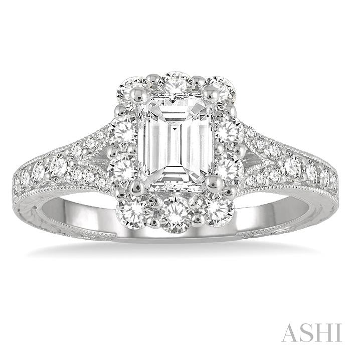 3/4 Ctw Split Shank 6X4MM Emerald Semi-Mount Round Cut Diamond Ring in 14K White Gold