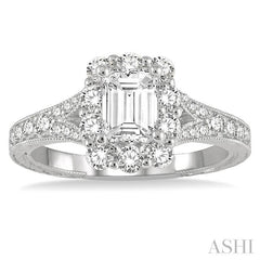 3/4 Ctw Split Shank 6X4MM Emerald Semi-Mount Round Cut Diamond Ring in 14K White Gold