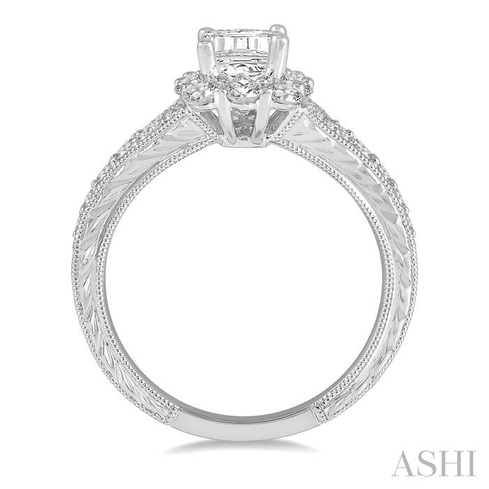3/4 Ctw Split Shank 6X4MM Emerald Semi-Mount Round Cut Diamond Ring in 14K White Gold