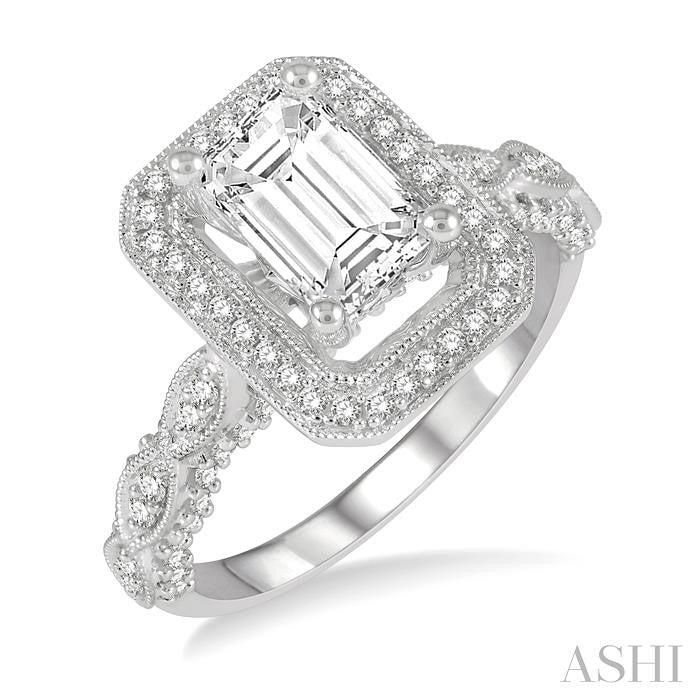 1/2 Ctw Carved Marquise Shank Emerald Shape Round Cut Diamond Semi-Mount Engagement Ring in 14K White Gold