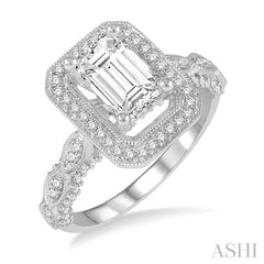 1/2 Ctw Carved Marquise Shank Emerald Shape Round Cut Diamond Semi-Mount Engagement Ring in 14K White Gold