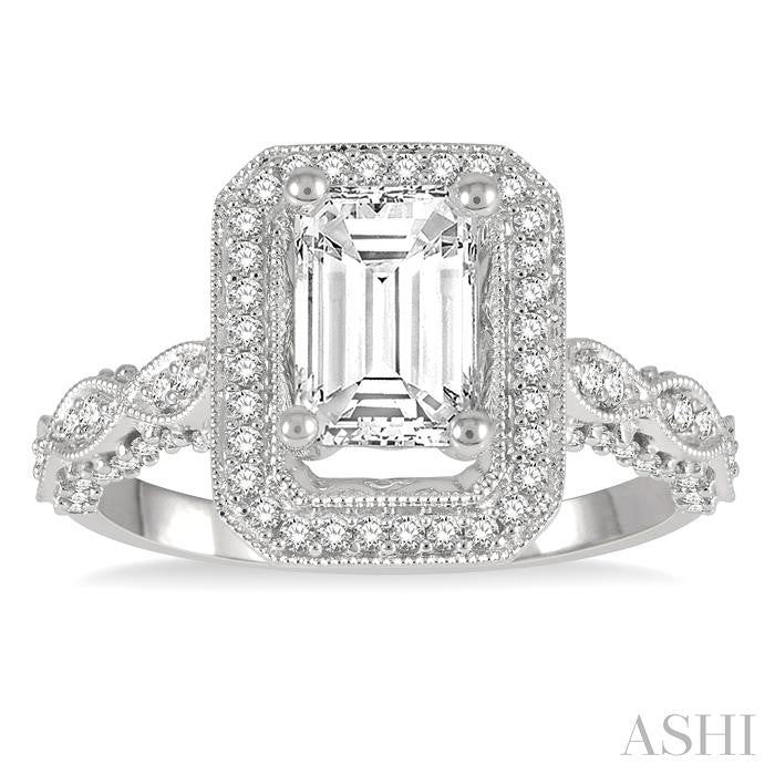 1/2 Ctw Carved Marquise Shank Emerald Shape Round Cut Diamond Semi-Mount Engagement Ring in 14K White Gold