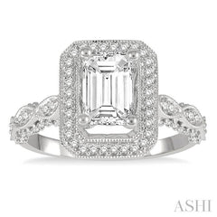 1/2 Ctw Carved Marquise Shank Emerald Shape Round Cut Diamond Semi-Mount Engagement Ring in 14K White Gold