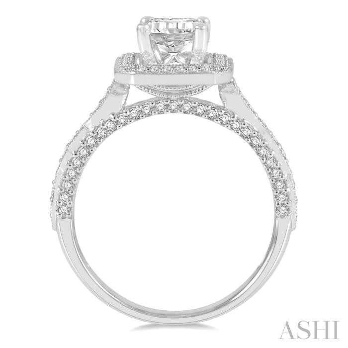 1/2 Ctw Carved Marquise Shank Emerald Shape Round Cut Diamond Semi-Mount Engagement Ring in 14K White Gold
