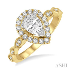 3/4 Ctw Carved Shank Round Cut Diamond Engagement Ring With 3/8 Ct Pear Cut Center Stone in 14K Yellow and White Gold