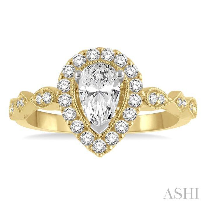 3/4 Ctw Carved Shank Round Cut Diamond Engagement Ring With 3/8 Ct Pear Cut Center Stone in 14K Yellow and White Gold