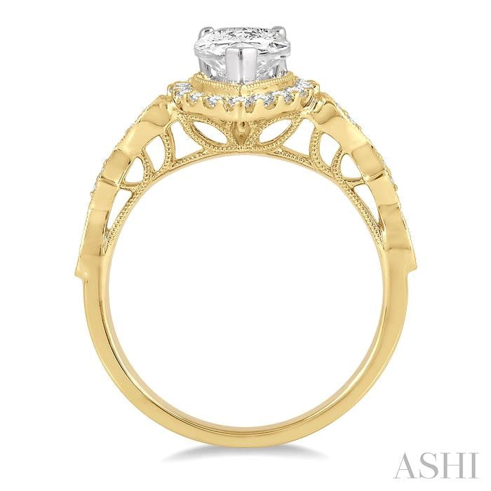 3/4 Ctw Carved Shank Round Cut Diamond Engagement Ring With 3/8 Ct Pear Cut Center Stone in 14K Yellow and White Gold