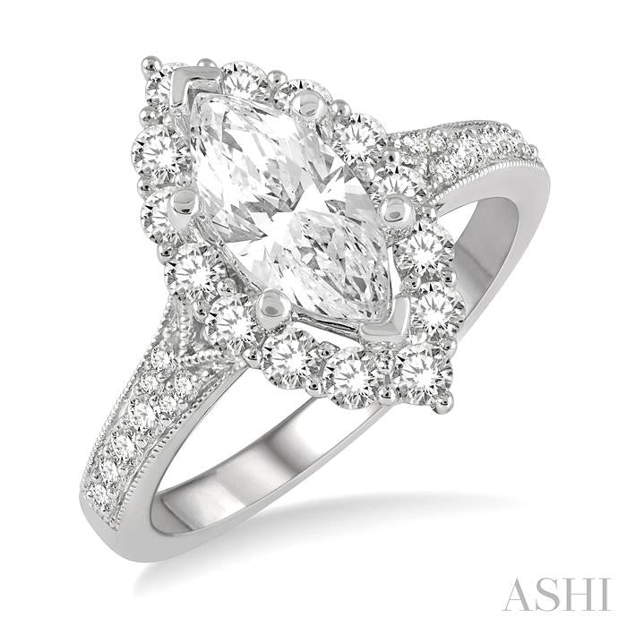 3/4 Ctw Marquise Shape Mount Round Cut Diamond Semi-Mount Engagement Ring in 14K White Gold